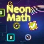 Farebný neonový nápis Neon Math s číslami v kruhoch a štvorcoch na modrom pozadí