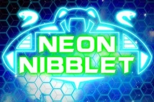 Neónové logo s nápisom NEON NIBBLET na farebnom pozadí s hexagonálnym vzorom