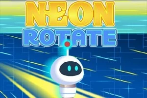 V strede obrázka je robot s jednoduchou tvárou na modrom a žltom pozadí s názvom Neon Rotate v hornej časti