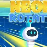 V strede obrázka je robot s jednoduchou tvárou na modrom a žltom pozadí s názvom Neon Rotate v hornej časti