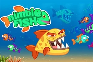 Žralokovitá ryba s ostrými zubami pláva medzi mnohými farebnými rybkami na morskom dne, s logom nimble FISH v ľavej časti obrázka
