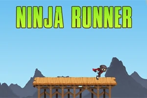 Ninja bežiaci po drevenej plošine na pozadí hôr s nápisom Ninja Runner v hornej časti