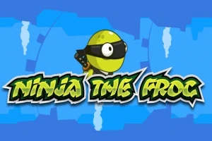 Zelená kreslená žaba s ninja maskou a mečom na modrom pozadí s názvom Ninja the Frog