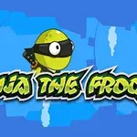 Zelená kreslená žaba s ninja maskou a mečom na modrom pozadí s názvom Ninja the Frog