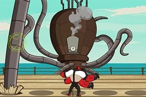 Karikatúrna scéna s veľkým parným strojom s chobotnicovými ramenami na móle pri mori