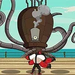Karikatúrna scéna s veľkým parným strojom s chobotnicovými ramenami na móle pri mori