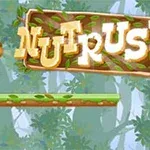 Veverička beží po zelenej plošine v lese s textom Nut Rush na drevenej tabuli