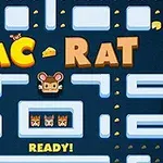 Ilustrácia s bludiskom, kde je v strede malá myš a farebný text PAC-RAT