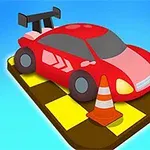 Červené auto s veľkým zadným spojlerom stojace na žlto-hnedom parkovisku obklopené tromi dopravnými kužeľmi