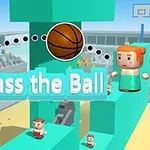 Dve kockaté postavičky stoja na platformách s basketbalovou loptou uprostred a nápisom Pass the Ball v popredí