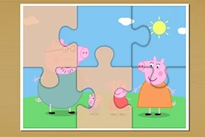 Puzzle s obrázkom kreslenej rodiny prasiatok stojacich na tráve pod slnkom