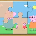 Puzzle s obrázkom kreslenej rodiny prasiatok stojacich na tráve pod slnkom
