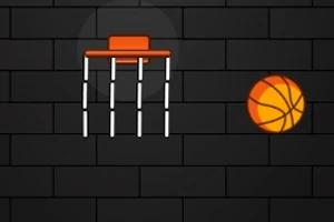 Basketbalová obruč s mriežkou a oranžová basketbalová lopta na tmavom tehlovom pozadí