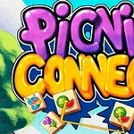 Farebné grafické nápisy Picnic Connect s kreslenými ikonami jedla a líniami spájajúcimi položky na hernom pozadí