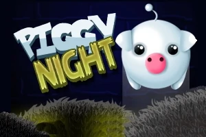 Obrázok zobrazuje kreslené biele prasiatko s veľkými očami a ružovým ňufákom na tmavom pozadí vedľa nápisu Piggy Night