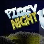 Obrázok zobrazuje kreslené biele prasiatko s veľkými očami a ružovým ňufákom na tmavom pozadí vedľa nápisu Piggy Night