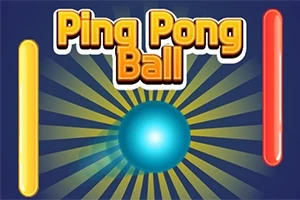 Žltá a červená vertikálna línia s modrou guľou v strede na modrom pozadí so žltými lúčmi a textom Ping Pong Ball hore