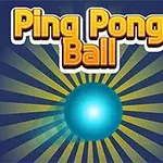 Žltá a červená vertikálna línia s modrou guľou v strede na modrom pozadí so žltými lúčmi a textom Ping Pong Ball hore
