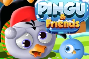Ilustrácia s dvoma kreslenými vtákmi, vrátane jedného v červenej čiapke, s nápisom PINGU & Friends na oblohe