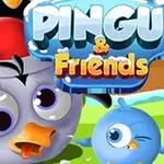 Ilustrácia s dvoma kreslenými vtákmi, vrátane jedného v červenej čiapke, s nápisom PINGU & Friends na oblohe
