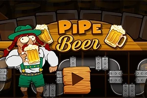 Muž v tradičnom bavorskom oblečení drží krígeľ piva pred pozadím s nápisom Pipe Beer a rúrami