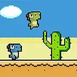Pixelová grafika s farebnými dinosaurami skáčucimi cez kaktusy na púšti pod modrou oblohou