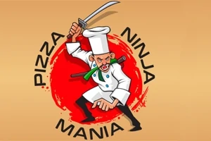 Kreslený kuchár s mečom v bojovom postoji obklopený červeným kruhom s nápisom Pizza Ninja Mania