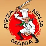 Kreslený kuchár s mečom v bojovom postoji obklopený červeným kruhom s nápisom Pizza Ninja Mania
