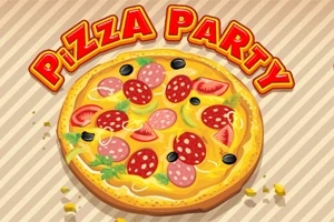 Pizza s rôznymi prísadami, ako sú salamové plátky, olivy a paradajky, s nápisom „Pizza Party“ na pruhovanom pozadí