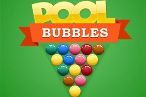Farebná pyramída z guličiek na zelenom pozadí s nápisom POOL BUBBLES