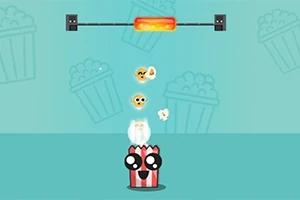Usmiaty obal na popcorn zachytáva vyskakujúce pukance pod zohriatou tyčou na modrom pozadí s motívom popcornu