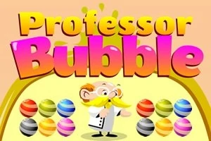 Farebný nápis Professor Bubble s postavičkou profesora so žltými fúzmi a farebnými guľôčkami na svetlom pozadí