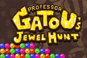 Farebné drahokamy na tmavom pozadí s nápisom Professor Gatous Jewel Hunt