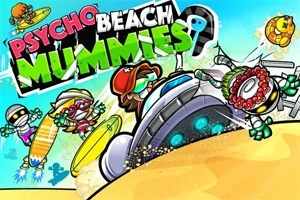 Pestrofarebná karikatúra s múmiami na pláži, surfujúcimi na piesku a vode, okolo nich farebný text