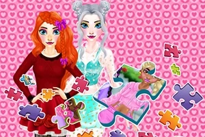 Dve kreslené postavy, jedna s dlhými oranžovými vlasmi a druhá so striebornými vlasmi, obklopené puzzle dielikmi na pozadí s ružovými srdiečkami