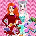 Dve kreslené postavy, jedna s dlhými oranžovými vlasmi a druhá so striebornými vlasmi, obklopené puzzle dielikmi na pozadí s ružovými srdiečkami