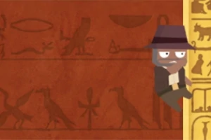 Muž v klobúku lezie po zvislom žltom stĺpe s hieroglyfmi, na pozadí sú červené steny s archeologickými symbolmi