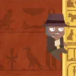 Muž v klobúku lezie po zvislom žltom stĺpe s hieroglyfmi, na pozadí sú červené steny s archeologickými symbolmi