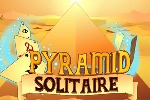 Nadpis Pyramid Solitaire s pyramídou v pozadí a lietajúcimi hracími kartami