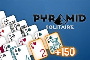 Karty rôznych hodnôt usporiadané do pyramídy s nápisom Pyramid Solitaire na modrom pozadí