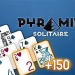 Karty rôznych hodnôt usporiadané do pyramídy s nápisom Pyramid Solitaire na modrom pozadí