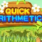 Nápis Quick Arithmetic na drevenej tabuli obklopenej kvetmi a lístím na pozadí zelenej trávy