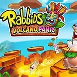 Karikatúrne biele králiky v panike utekajú po lávových skalách, okolo je modrá obloha a farebná maska