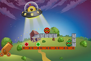 UFO vznášajúce sa nad farebnými postavičkami na farebnej plošine s nočnou krajinou v pozadí