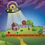 UFO vznášajúce sa nad farebnými postavičkami na farebnej plošine s nočnou krajinou v pozadí