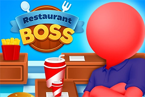 Červená postava s prekríženými rukami stojí pred pultom s nápojmi a hranolkami, v modrom pozadí je nápis „Restaurant Boss“