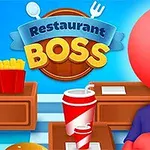 Červená postava s prekríženými rukami stojí pred pultom s nápojmi a hranolkami, v modrom pozadí je nápis „Restaurant Boss“