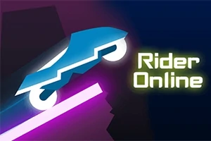 Modrý futuristický automobil skáče cez ružovú rampu na tmavom pozadí so žiariacim nápisom Rider Online