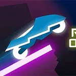 Modrý futuristický automobil skáče cez ružovú rampu na tmavom pozadí so žiariacim nápisom Rider Online