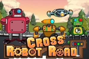 Traja farební roboti a dron na ceste s nápisom „Cross Robot Road“ v popredí
